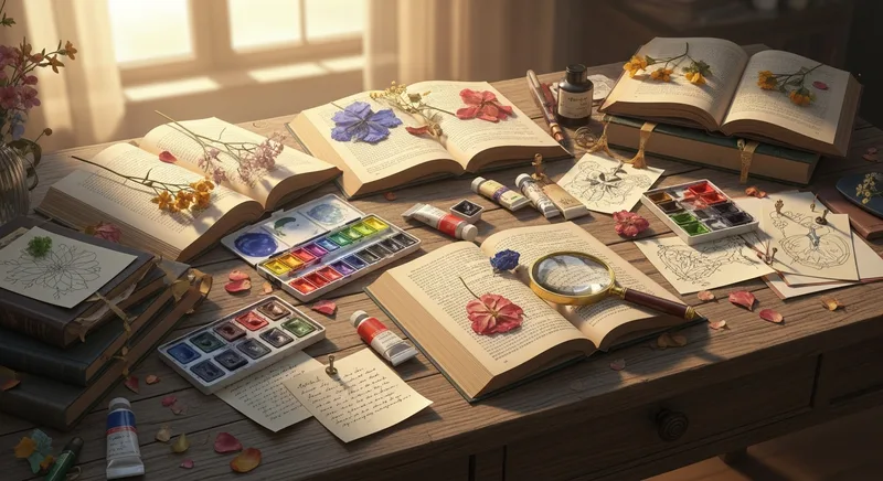 A desk covered with open books, pressed flowers and a watercolour set
