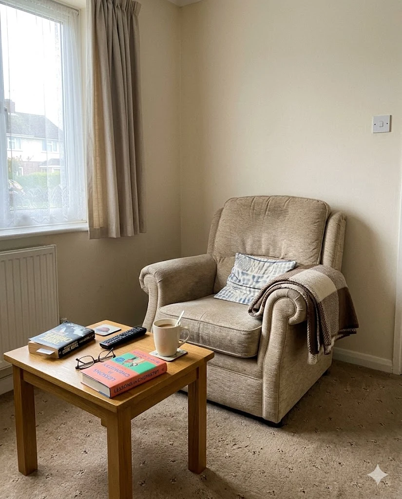 An armchair by a window with books and a cup of tea on the side table